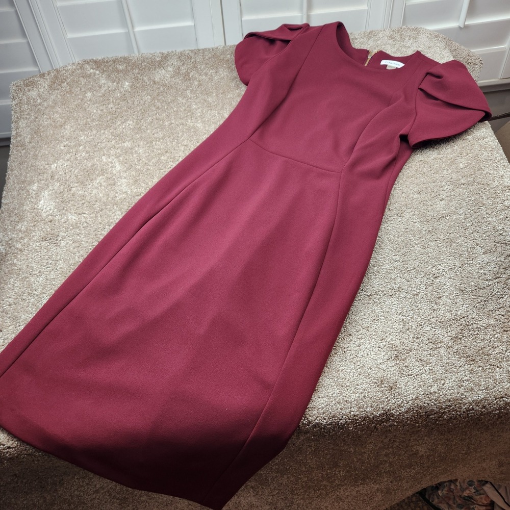 Calvin Klein Burgundy Tulip Sleeve Sheath Dress Size 6 Gold Zipper Back